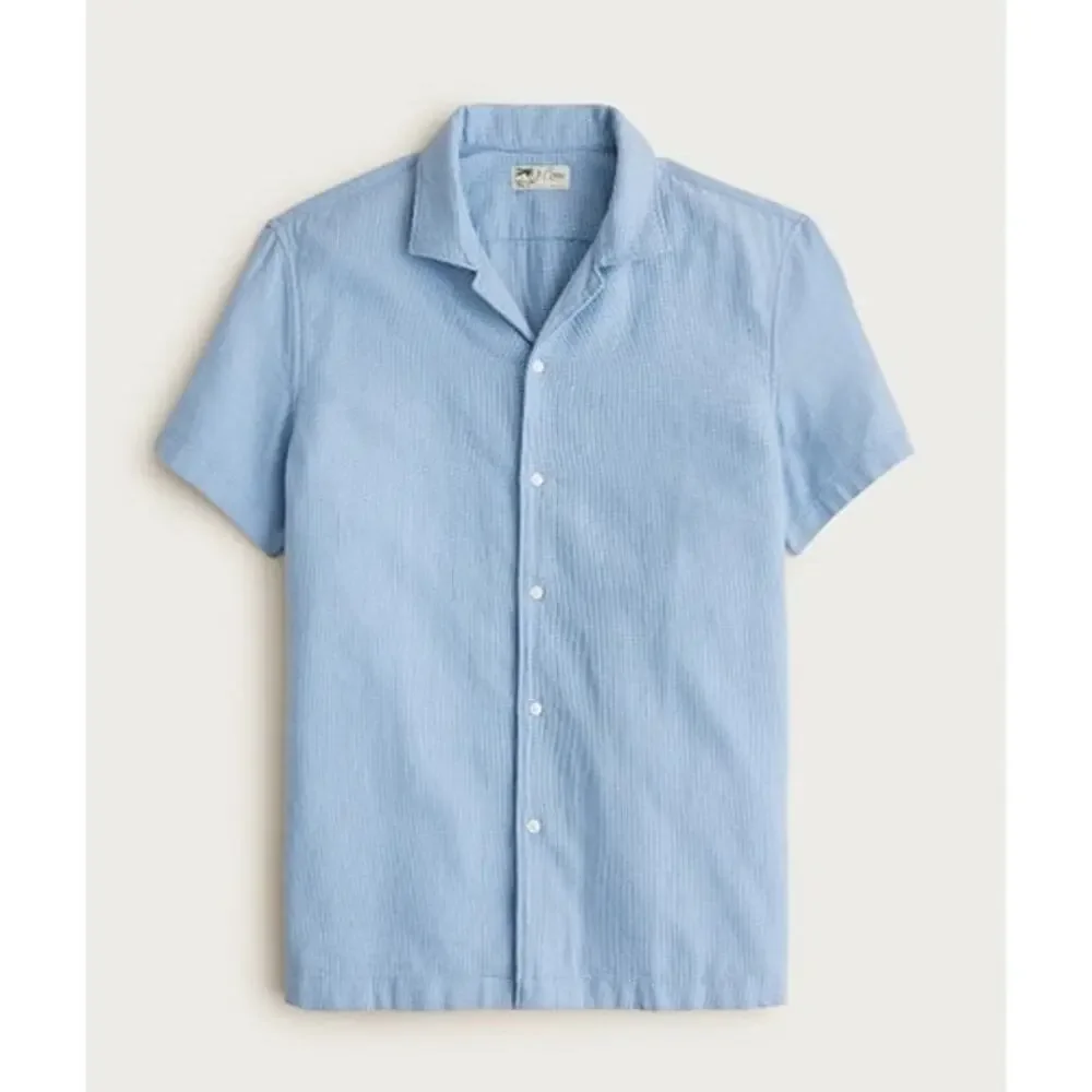 NWT J. Crew Short-Sleeve Textured Cotton Camp-Collar Shirt Blue M